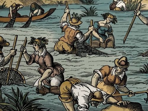 Illustrazione di come avveniva la pesca nel Medioevo